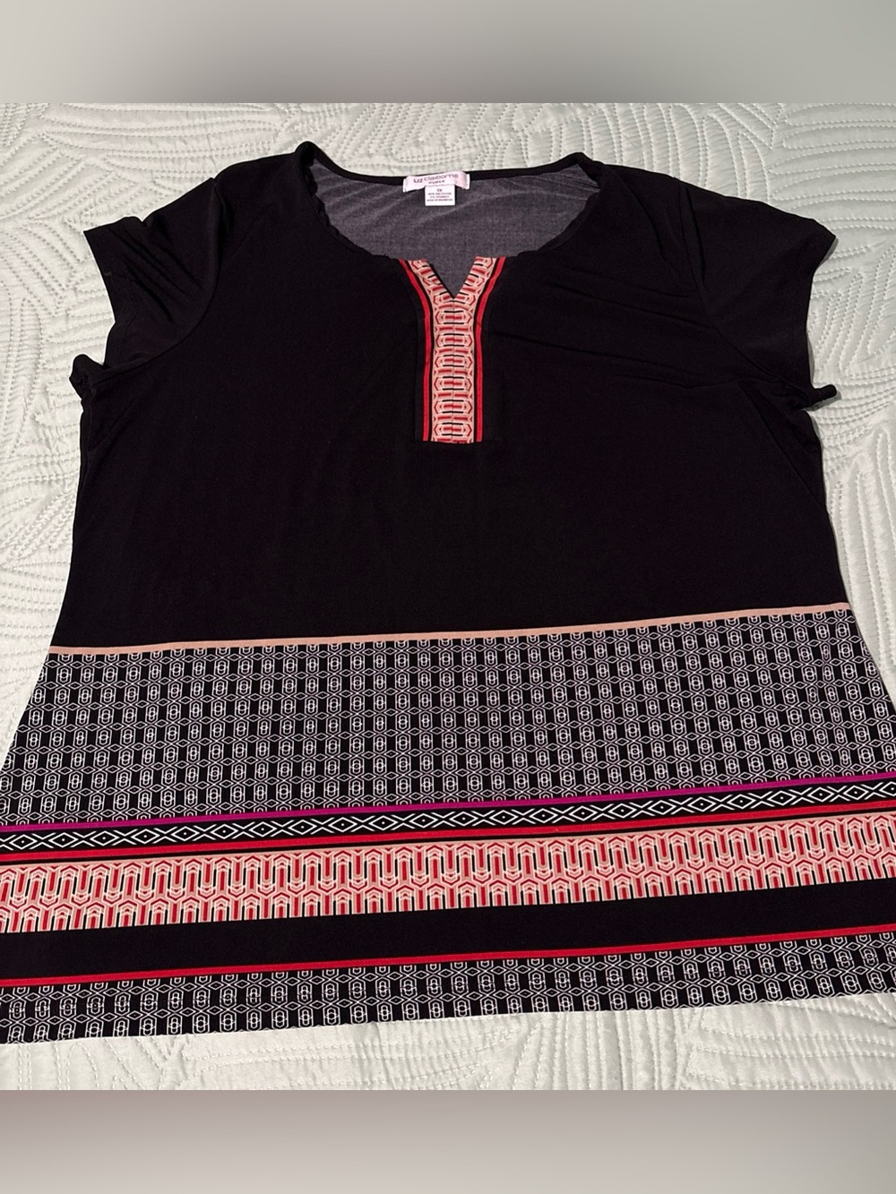Liz Claiborne 1X Plus Black Abstract Cap Sleeve Knit Blouse